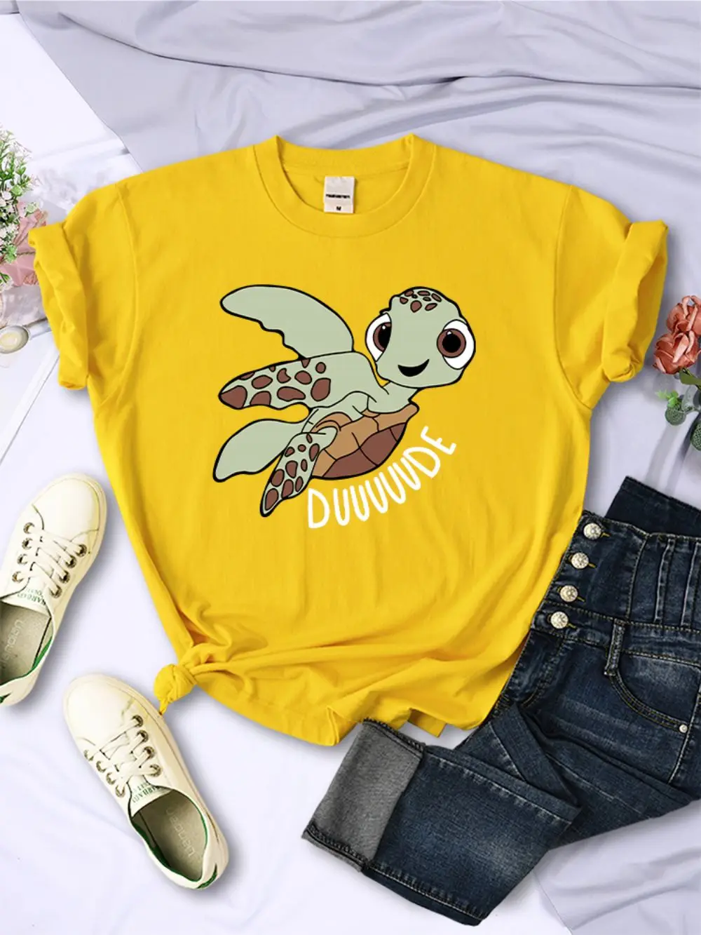 Simple Women T-Shirts Cute Cartoon Turtle Letter Prints Tops O-Neck Comfortable Soft Tee Shirts Summer Casual Female Clothes
