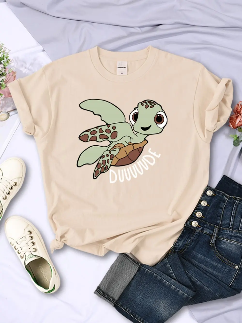 Simple Women T-Shirts Cute Cartoon Turtle Letter Prints Tops O-Neck Comfortable Soft Tee Shirts Summer Casual Female Clothes