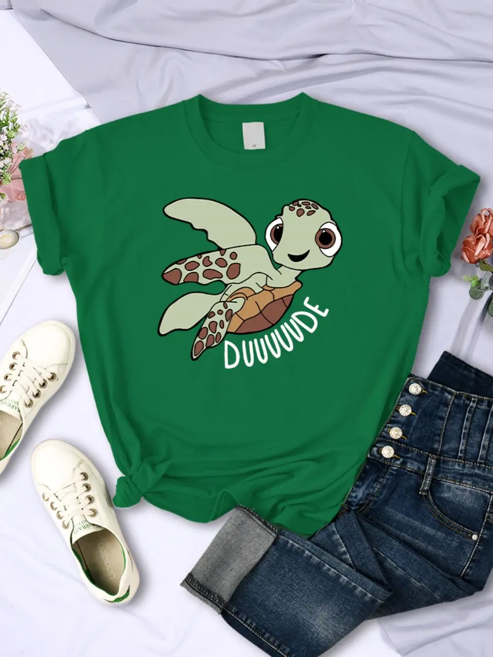 Simple Women T-Shirts Cute Cartoon Turtle Letter Prints Tops O-Neck Comfortable Soft Tee Shirts Summer Casual Female Clothes
