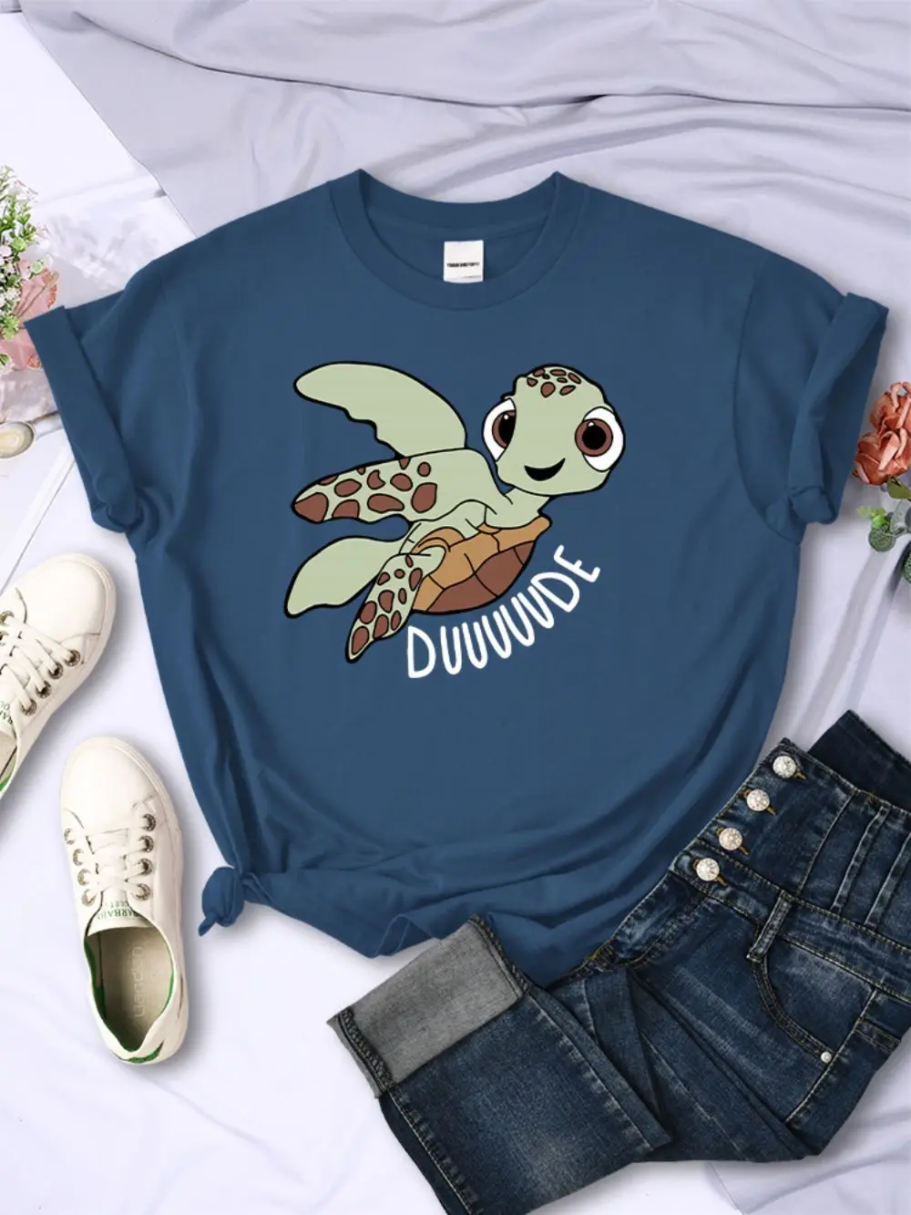 Simple Women T-Shirts Cute Cartoon Turtle Letter Prints Tops O-Neck Comfortable Soft Tee Shirts Summer Casual Female Clothes