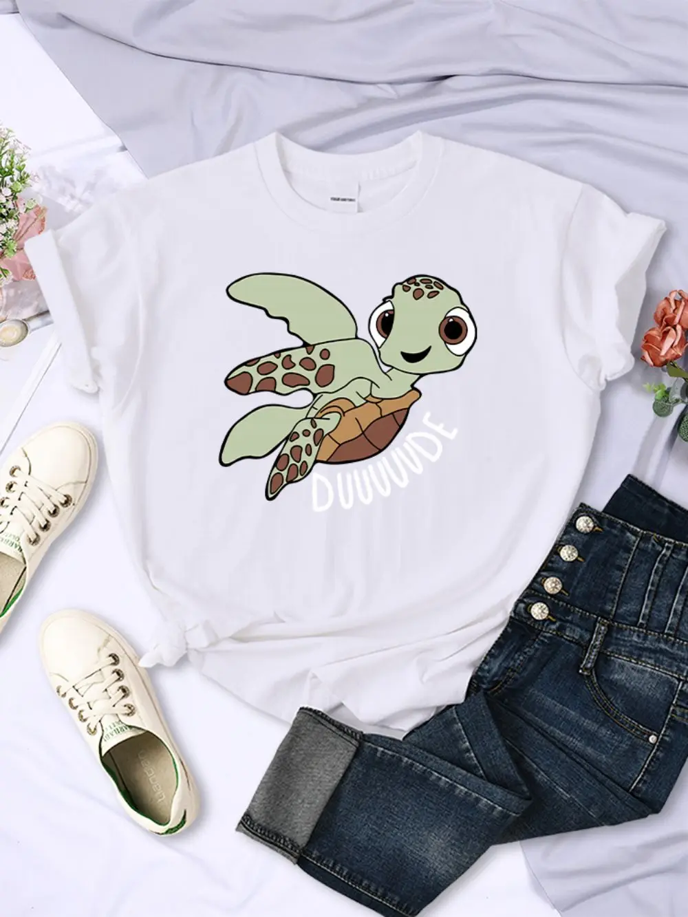 Simple Women T-Shirts Cute Cartoon Turtle Letter Prints Tops O-Neck Comfortable Soft Tee Shirts Summer Casual Female Clothes