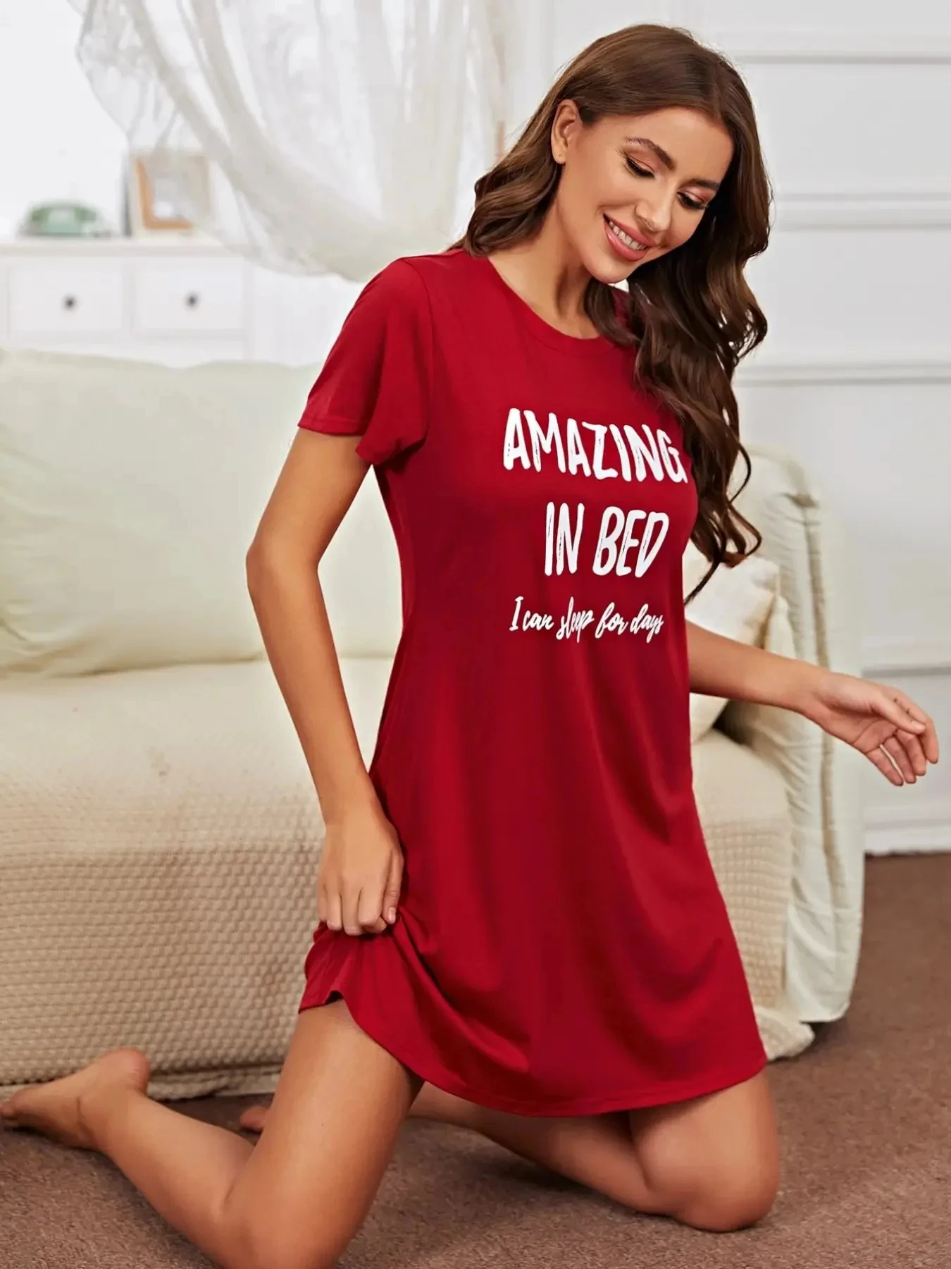 Summer Monogram Print Women's Pajamas Short Sleeve Loose Round Neck Sleeping Red Dress Plus Size Casual Women's Dress Pajamas