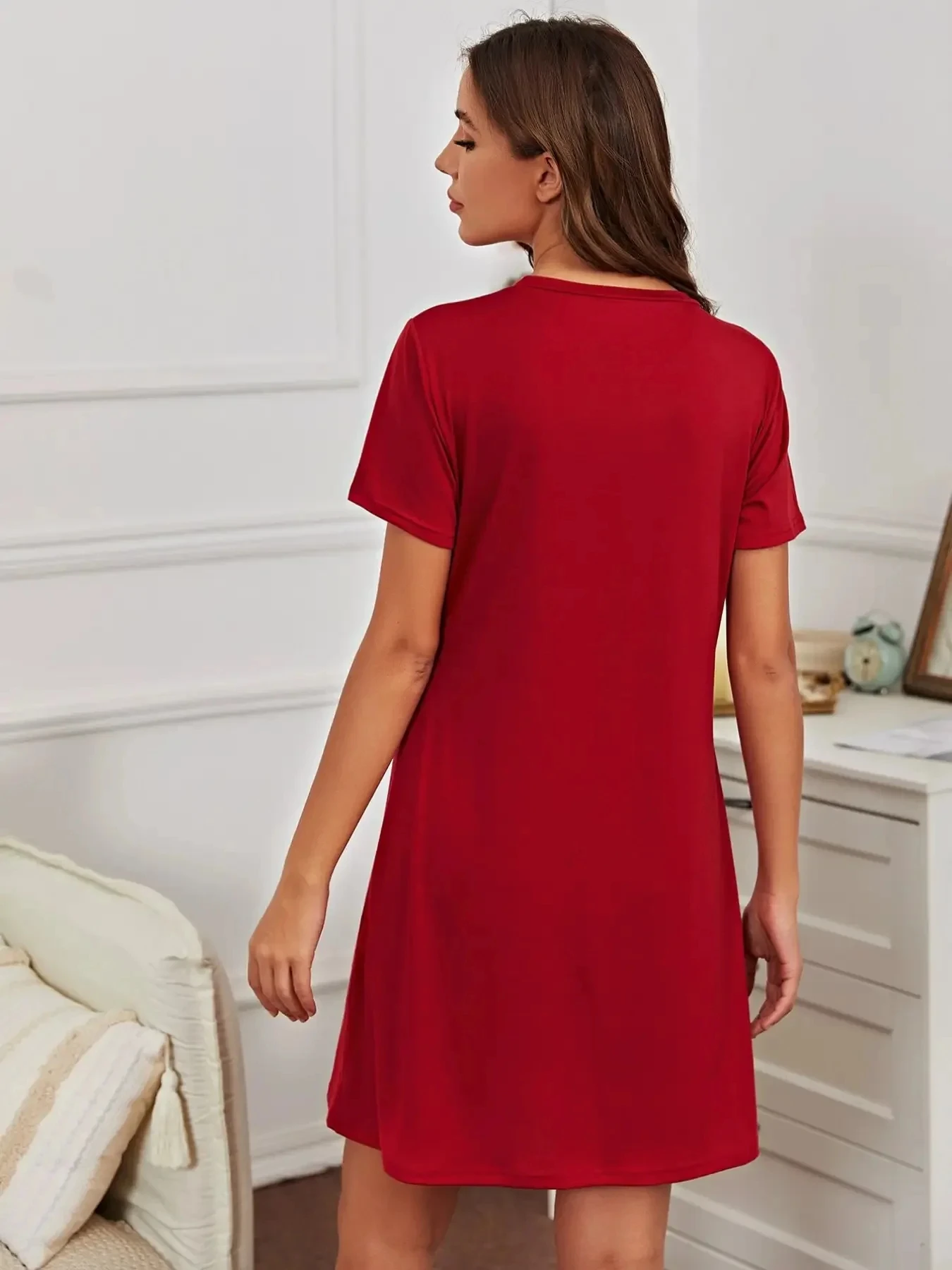 Summer Monogram Print Women's Pajamas Short Sleeve Loose Round Neck Sleeping Red Dress Plus Size Casual Women's Dress Pajamas