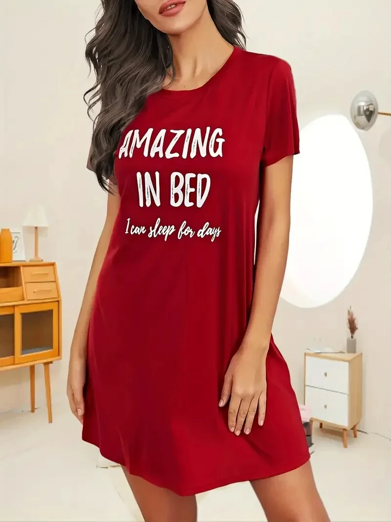 Summer Monogram Print Women's Pajamas Short Sleeve Loose Round Neck Sleeping Red Dress Plus Size Casual Women's Dress Pajamas