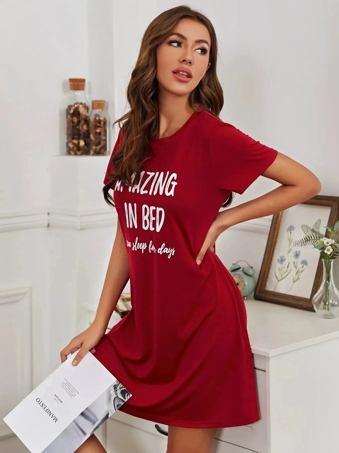Summer Monogram Print Women's Pajamas Short Sleeve Loose Round Neck Sleeping Red Dress Plus Size Casual Women's Dress Pajamas