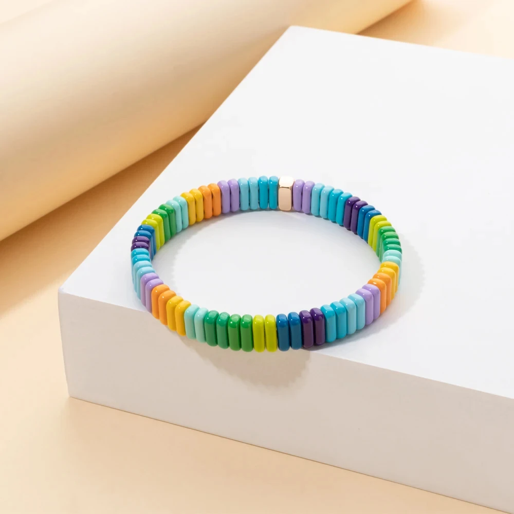 New Trendy 2x8mm Acrylic Bangle For Women Colorful Boho Elastic Rope Bracelets Hand Accessory