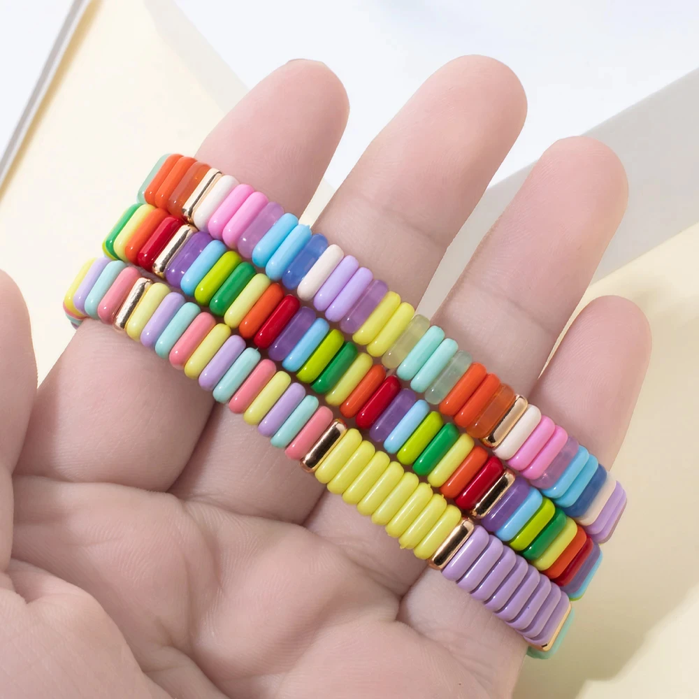New Trendy 2x8mm Acrylic Bangle For Women Colorful Boho Elastic Rope Bracelets Hand Accessory