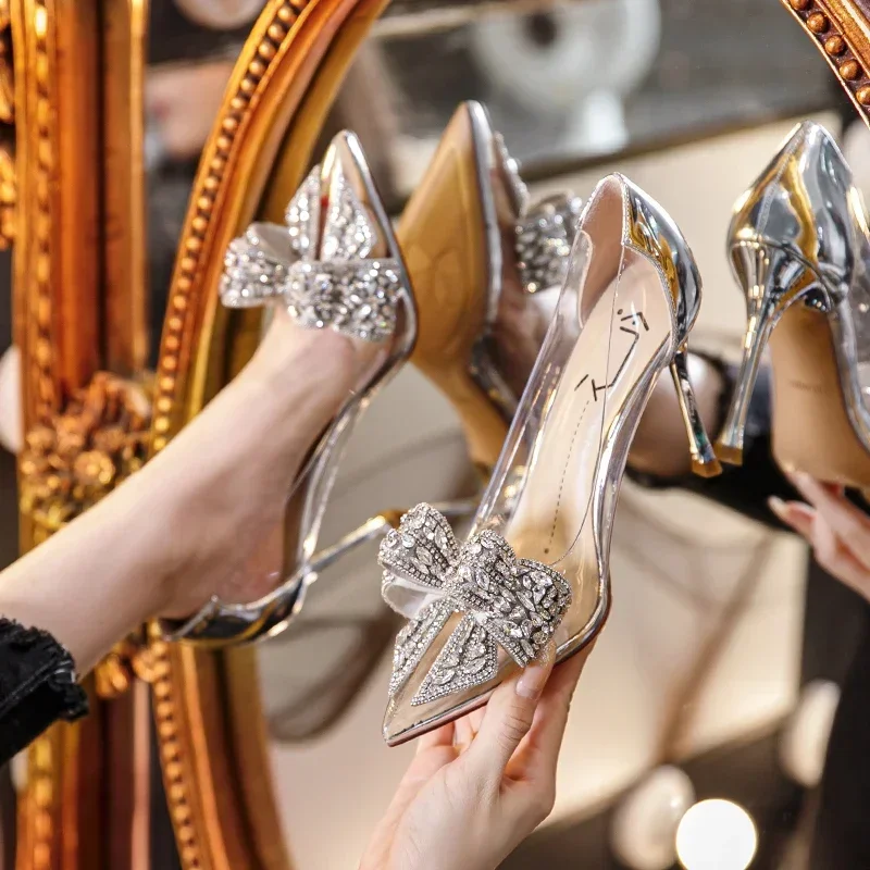 2024 Spring and Autumn New Transparent High Heels Women's Stiletto Heels Pointed Toe Bow Fashion Sexy Single Shoes for Women