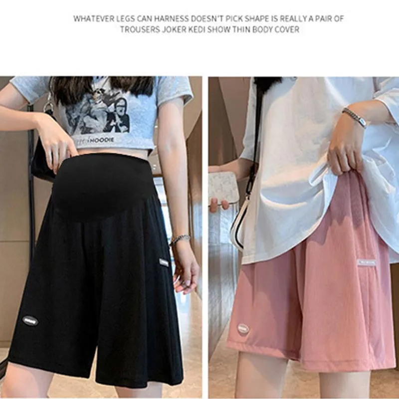 Summer Casual Maternity Short Pants Wide Leg Loose Straight Elastic Waist Belly Short Pants for Pregnant Women Pregnancy