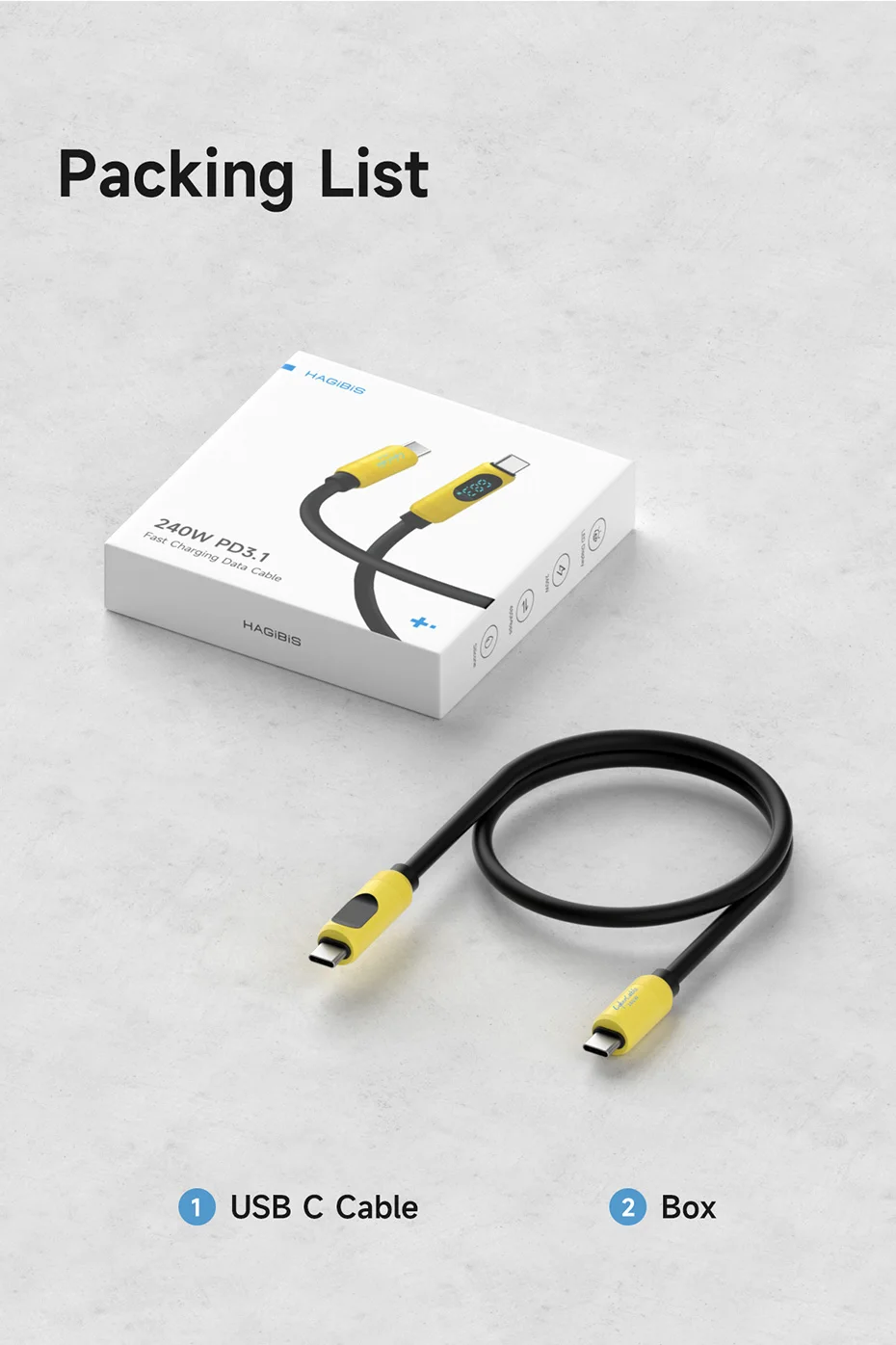 Hagibis USB C to USB C Cable with LED Display Type C Fast Charger Cable PD 240W Charging Cord for iPhone 16 17 Pro Macbook Pixel