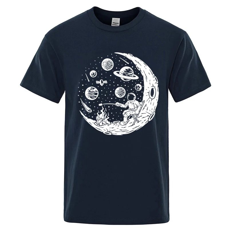 Men's T-shirt High Quality Cotton Blend Funny Astronaut Moon Barbecue Print Casual Loose Cool Men O-neck T-shirt Tee Tops
