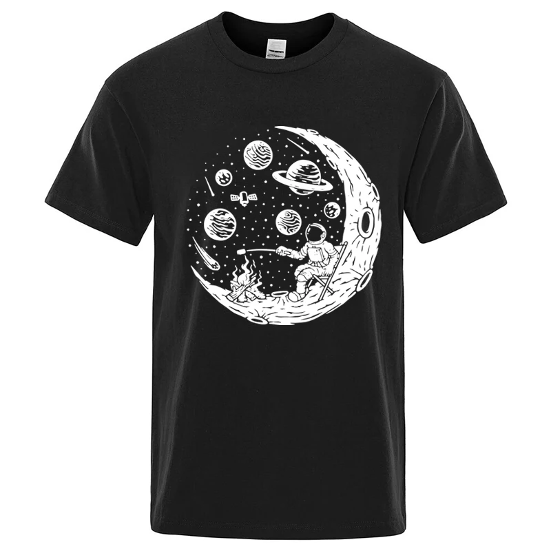 Men's T-shirt High Quality Cotton Blend Funny Astronaut Moon Barbecue Print Casual Loose Cool Men O-neck T-shirt Tee Tops