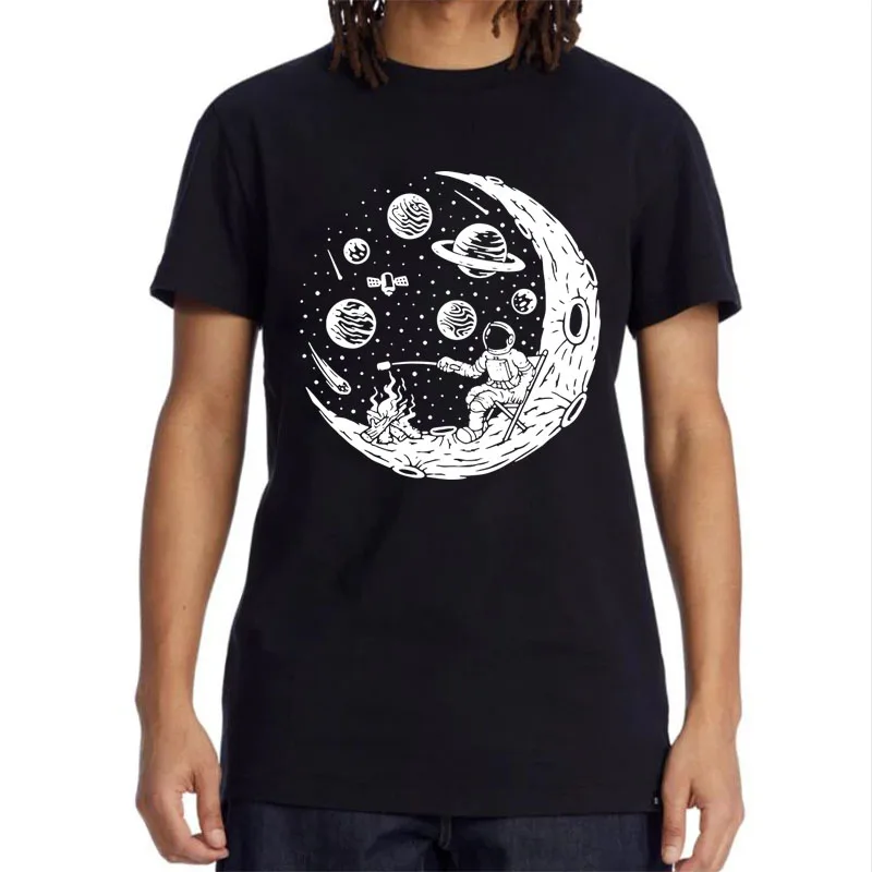 Men's T-shirt High Quality Cotton Blend Funny Astronaut Moon Barbecue Print Casual Loose Cool Men O-neck T-shirt Tee Tops