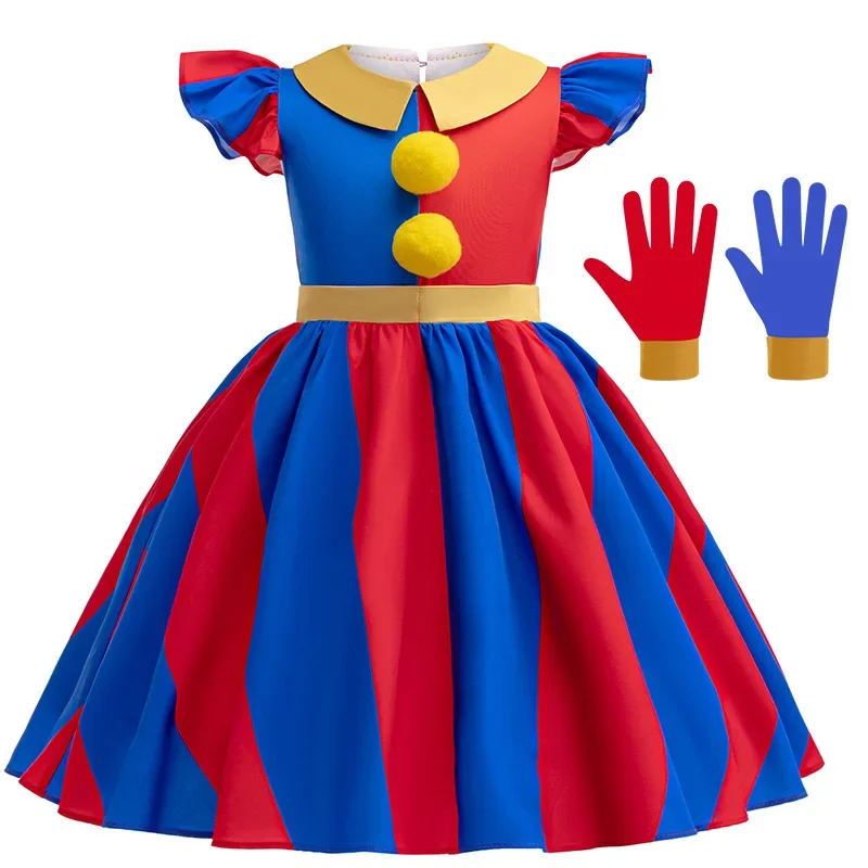 4-10Y Girls Princess Dress Summer New Patchwork Style Stripe Fashion Dress For Girls Party Performance Costumes With Gloves
