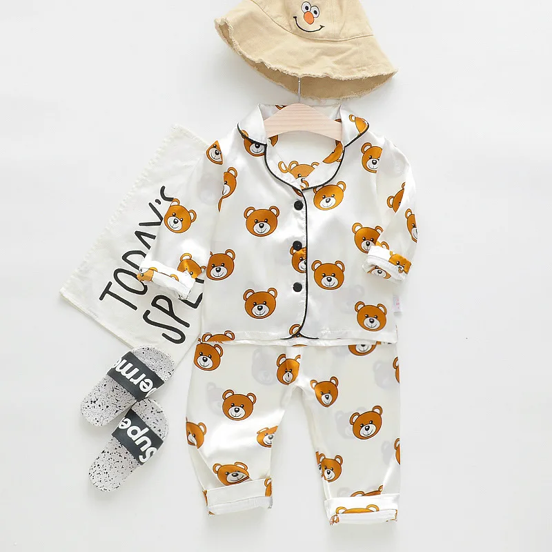New Children's pajamas 0-5-year-old baby cartoon short sleeved pajama set with ice silk comfortable solid color home clothing