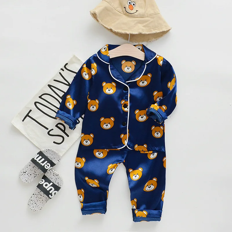 New Children's pajamas 0-5-year-old baby cartoon short sleeved pajama set with ice silk comfortable solid color home clothing