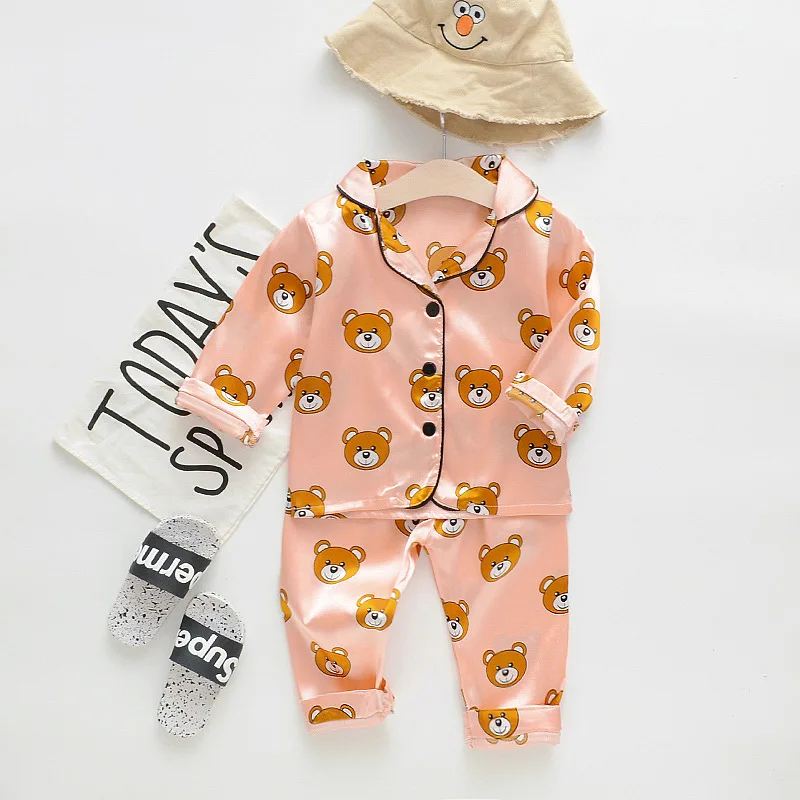 New Children's pajamas 0-5-year-old baby cartoon short sleeved pajama set with ice silk comfortable solid color home clothing