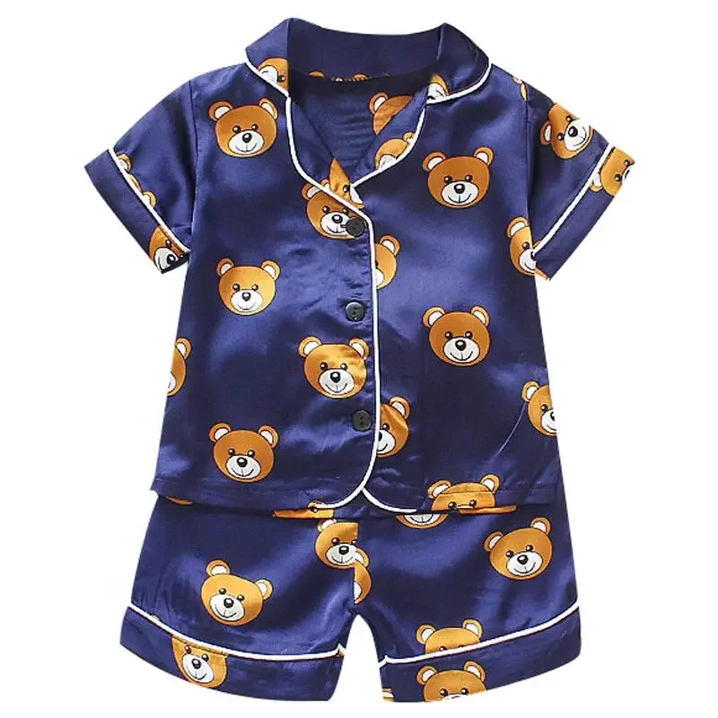 New Children's pajamas 0-5-year-old baby cartoon short sleeved pajama set with ice silk comfortable solid color home clothing