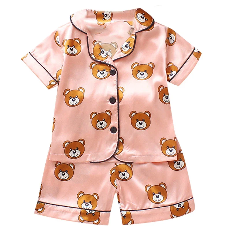 New Children's pajamas 0-5-year-old baby cartoon short sleeved pajama set with ice silk comfortable solid color home clothing