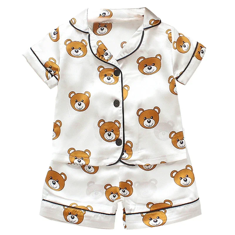 New Children's pajamas 0-5-year-old baby cartoon short sleeved pajama set with ice silk comfortable solid color home clothing