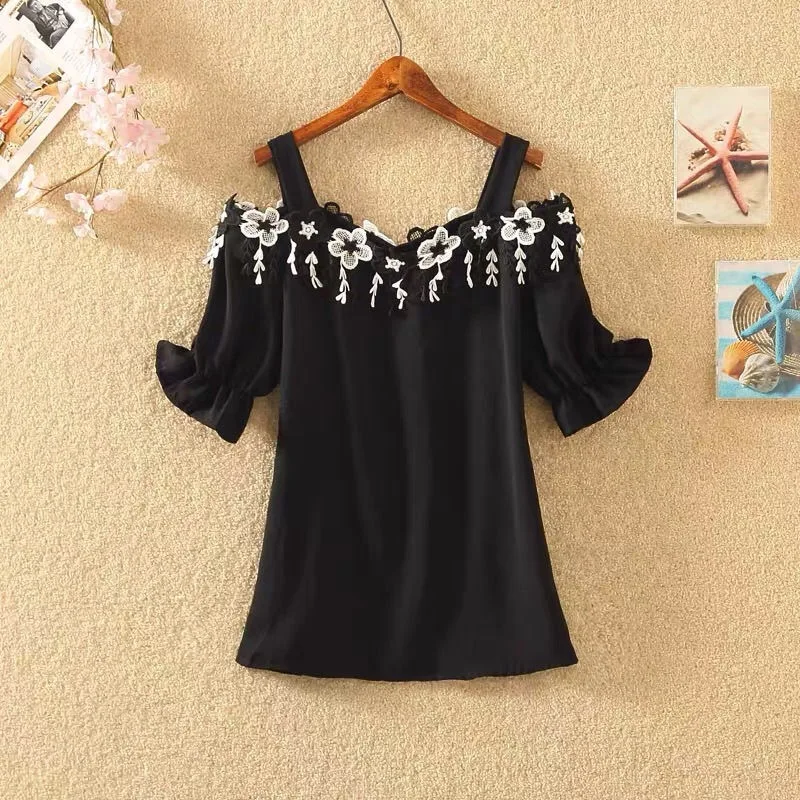 Women Summer Blouses 2024 Short Sleeve Chiffon Women Blouse Shirt Sexy Slash Neck Off Shoulder Top Womens Tops And Blouses B155