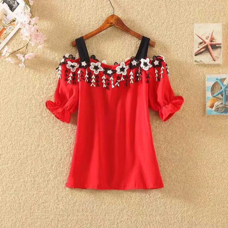 Women Summer Blouses 2024 Short Sleeve Chiffon Women Blouse Shirt Sexy Slash Neck Off Shoulder Top Womens Tops And Blouses B155