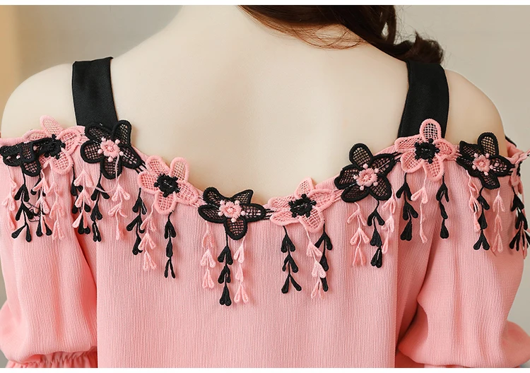 Women Summer Blouses 2024 Short Sleeve Chiffon Women Blouse Shirt Sexy Slash Neck Off Shoulder Top Womens Tops And Blouses B155