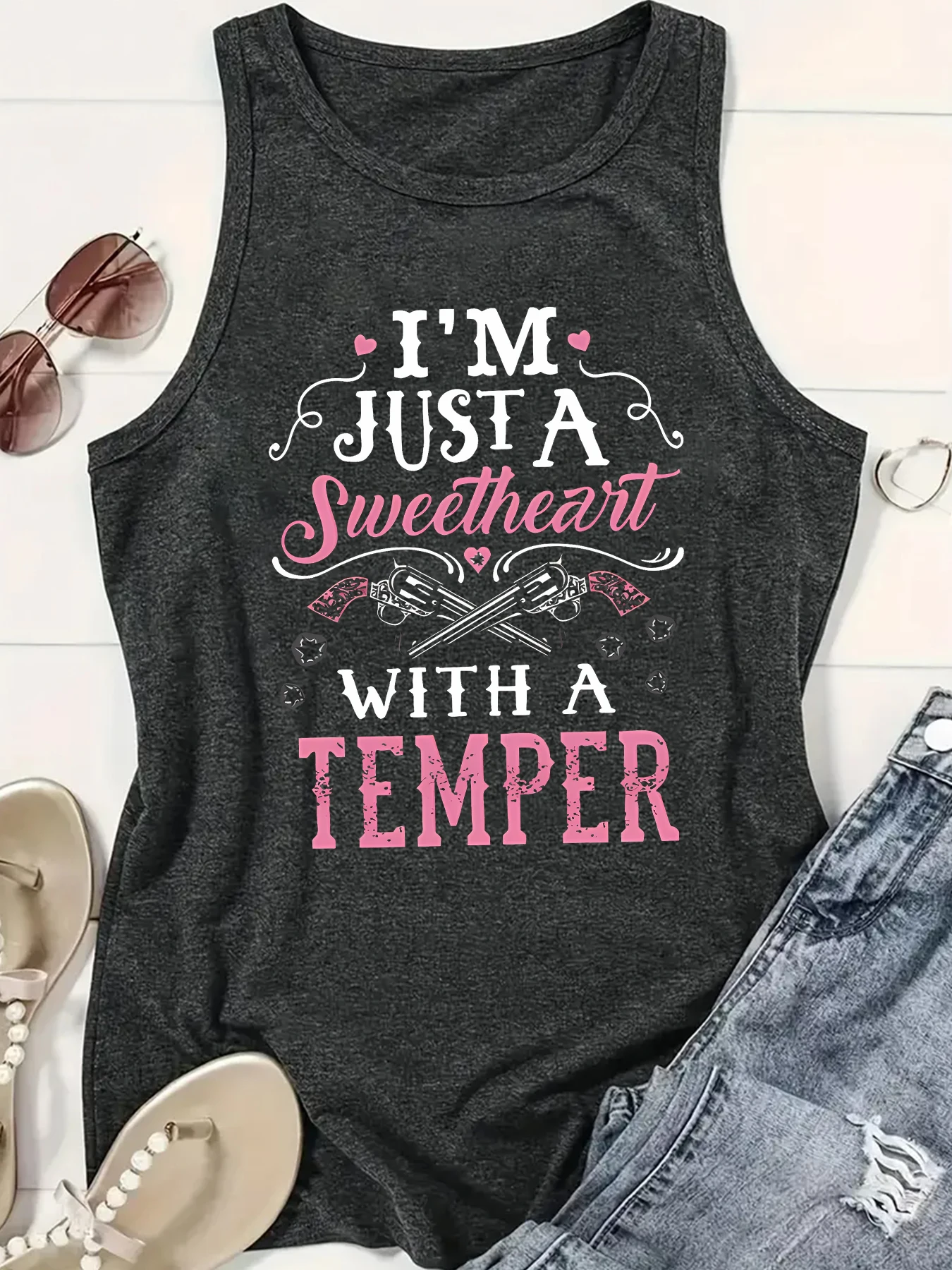 I'M JUST A Sweetheart Wiht A Temper Letter Print Women Tank Top Sleeveless Casual Summer New Crew Neck Tops for Women Clothes