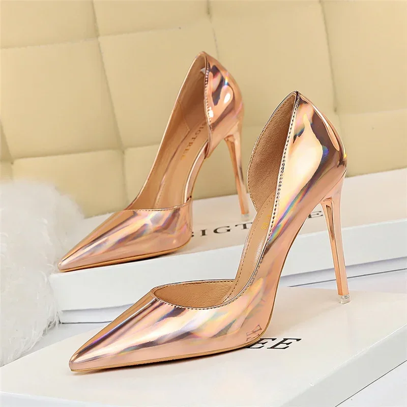 Plus Size Women Patent Leather 10.5cm High Heels Club Pumps Lady Luxury Shiny Stripper Stiletto Blue Green Wedding Dress Shoes