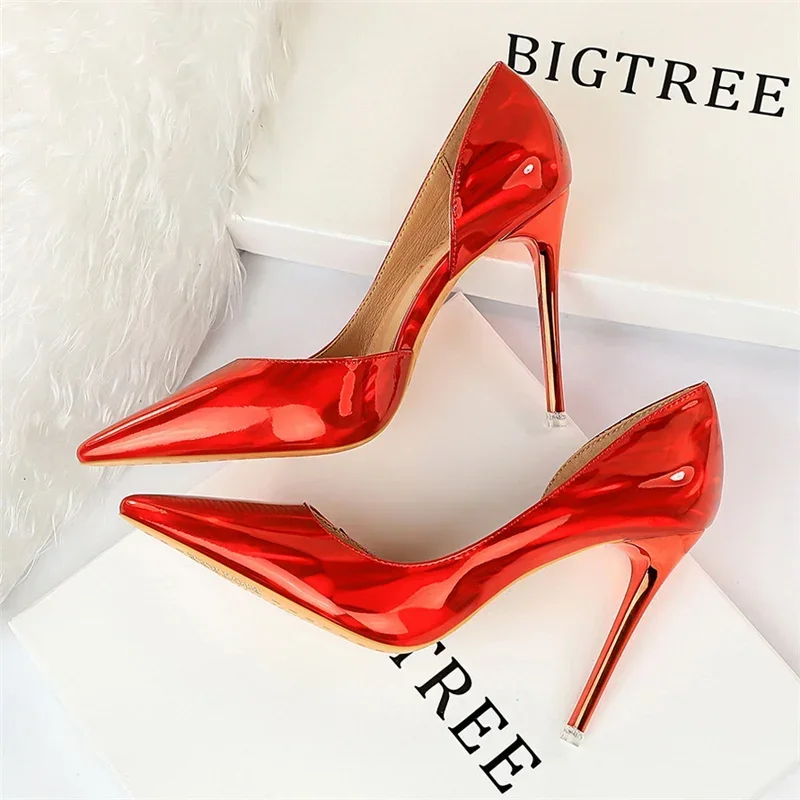 Plus Size Women Patent Leather 10.5cm High Heels Club Pumps Lady Luxury Shiny Stripper Stiletto Blue Green Wedding Dress Shoes