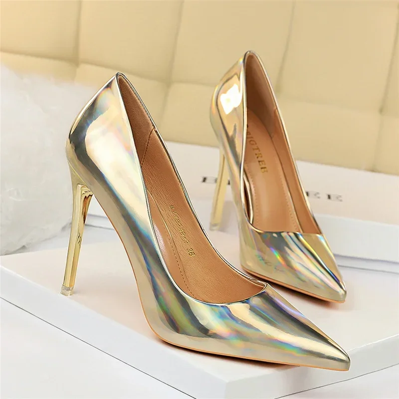 Plus Size Women Patent Leather 10.5cm High Heels Club Pumps Lady Luxury Shiny Stripper Stiletto Blue Green Wedding Dress Shoes