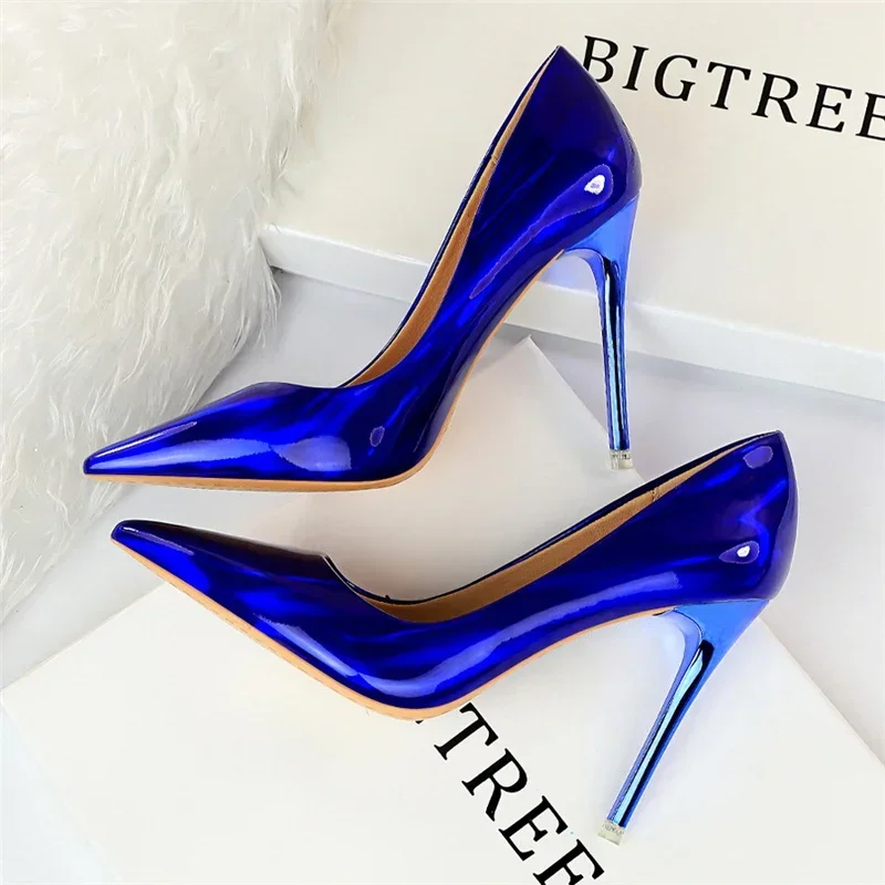 Plus Size Women Patent Leather 10.5cm High Heels Club Pumps Lady Luxury Shiny Stripper Stiletto Blue Green Wedding Dress Shoes