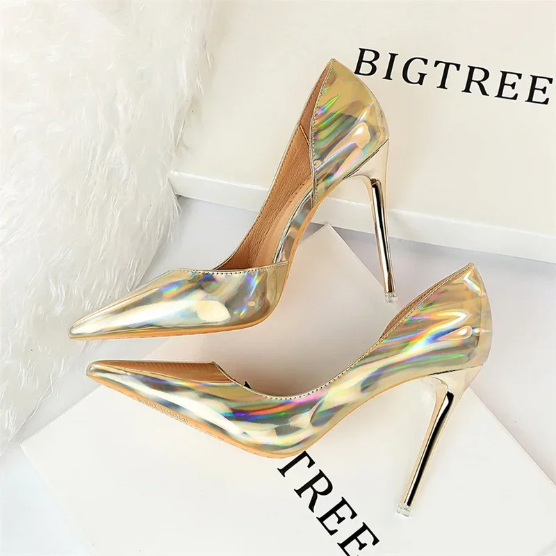 Plus Size Women Patent Leather 10.5cm High Heels Club Pumps Lady Luxury Shiny Stripper Stiletto Blue Green Wedding Dress Shoes