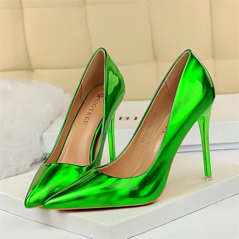 Plus Size Women Patent Leather 10.5cm High Heels Club Pumps Lady Luxury Shiny Stripper Stiletto Blue Green Wedding Dress Shoes