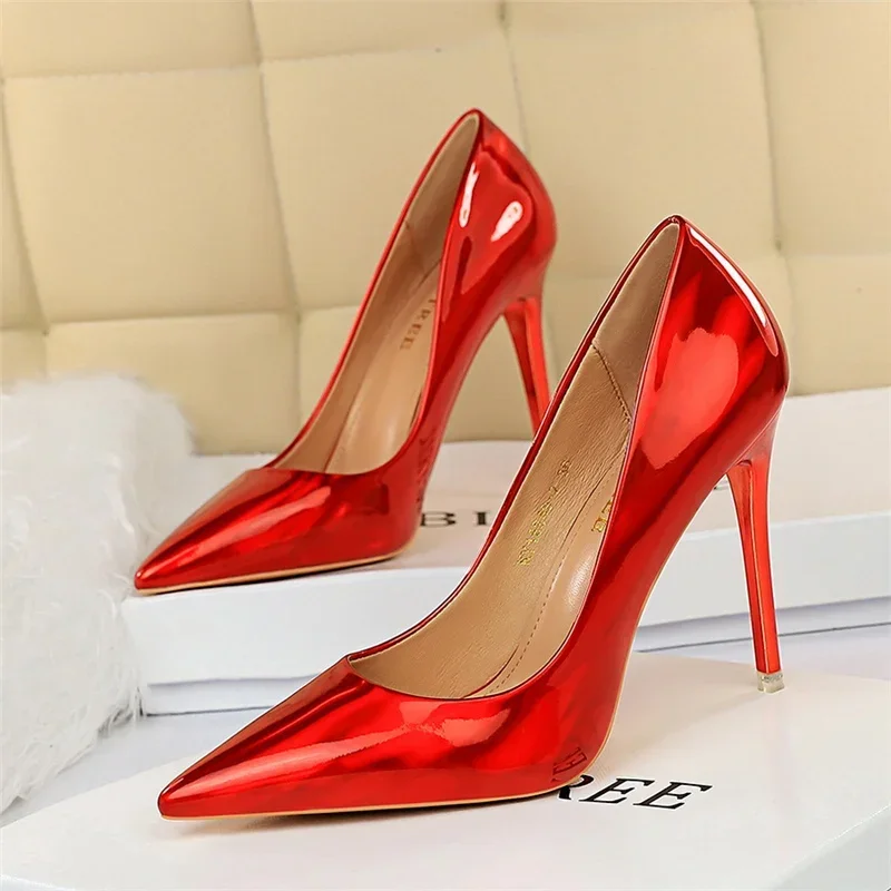 Plus Size Women Patent Leather 10.5cm High Heels Club Pumps Lady Luxury Shiny Stripper Stiletto Blue Green Wedding Dress Shoes