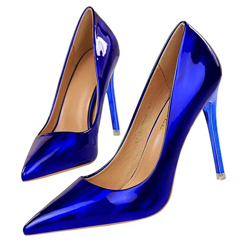 Plus Size Women Patent Leather 10.5cm High Heels Club Pumps Lady Luxury Shiny Stripper Stiletto Blue Green Wedding Dress Shoes