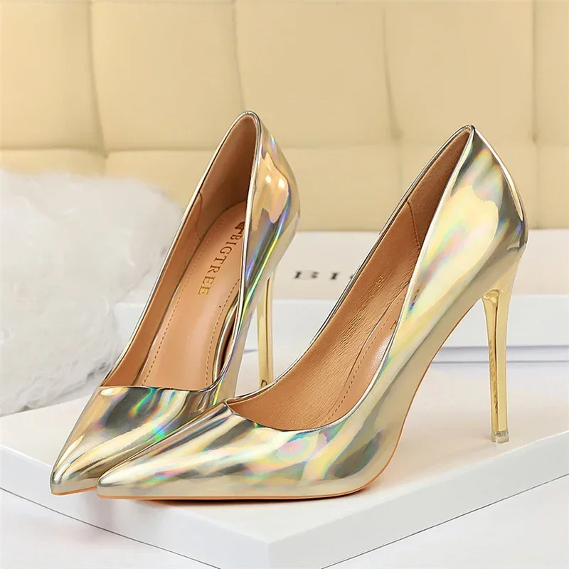Plus Size Women Patent Leather 10.5cm High Heels Club Pumps Lady Luxury Shiny Stripper Stiletto Blue Green Wedding Dress Shoes