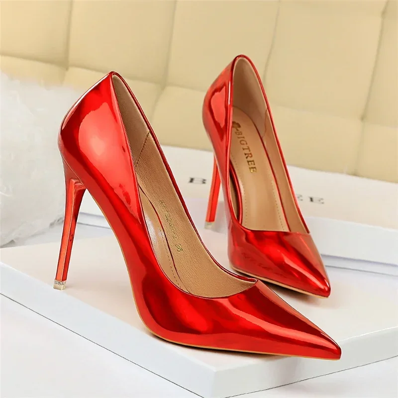 Plus Size Women Patent Leather 10.5cm High Heels Club Pumps Lady Luxury Shiny Stripper Stiletto Blue Green Wedding Dress Shoes