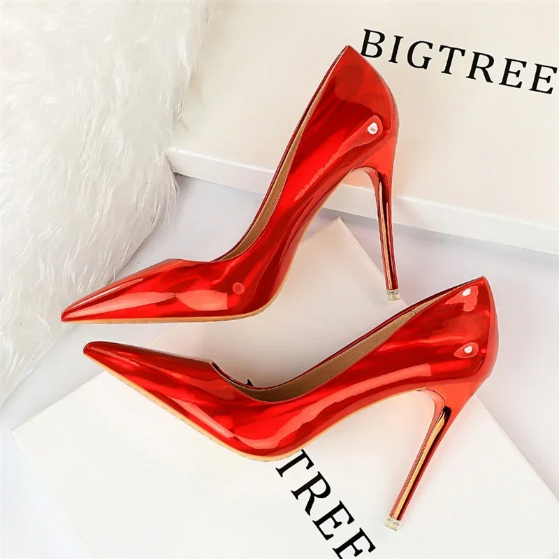 Plus Size Women Patent Leather 10.5cm High Heels Club Pumps Lady Luxury Shiny Stripper Stiletto Blue Green Wedding Dress Shoes