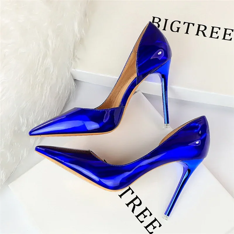 Plus Size Women Patent Leather 10.5cm High Heels Club Pumps Lady Luxury Shiny Stripper Stiletto Blue Green Wedding Dress Shoes