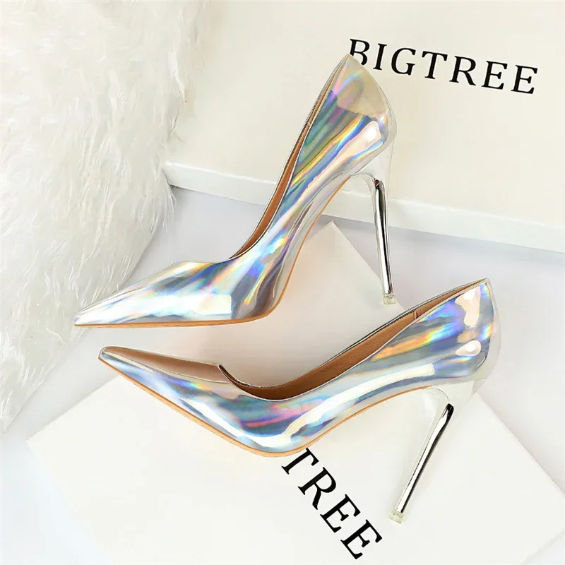Plus Size Women Patent Leather 10.5cm High Heels Club Pumps Lady Luxury Shiny Stripper Stiletto Blue Green Wedding Dress Shoes