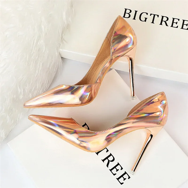 Plus Size Women Patent Leather 10.5cm High Heels Club Pumps Lady Luxury Shiny Stripper Stiletto Blue Green Wedding Dress Shoes