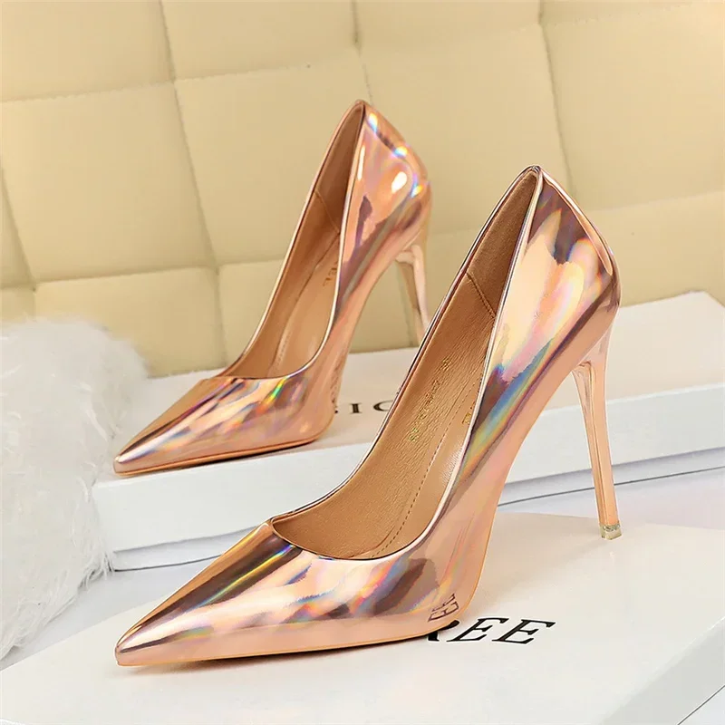 Plus Size Women Patent Leather 10.5cm High Heels Club Pumps Lady Luxury Shiny Stripper Stiletto Blue Green Wedding Dress Shoes