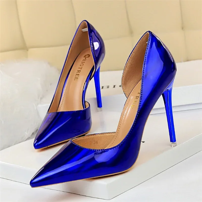 Plus Size Women Patent Leather 10.5cm High Heels Club Pumps Lady Luxury Shiny Stripper Stiletto Blue Green Wedding Dress Shoes