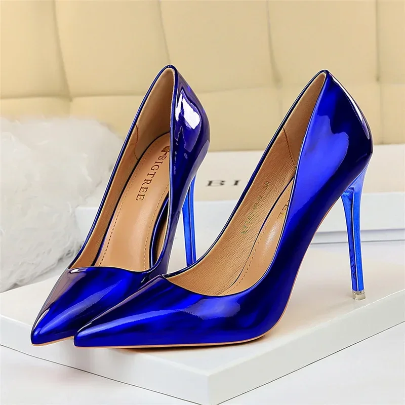 Plus Size Women Patent Leather 10.5cm High Heels Club Pumps Lady Luxury Shiny Stripper Stiletto Blue Green Wedding Dress Shoes
