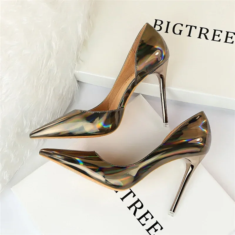 Plus Size Women Patent Leather 10.5cm High Heels Club Pumps Lady Luxury Shiny Stripper Stiletto Blue Green Wedding Dress Shoes