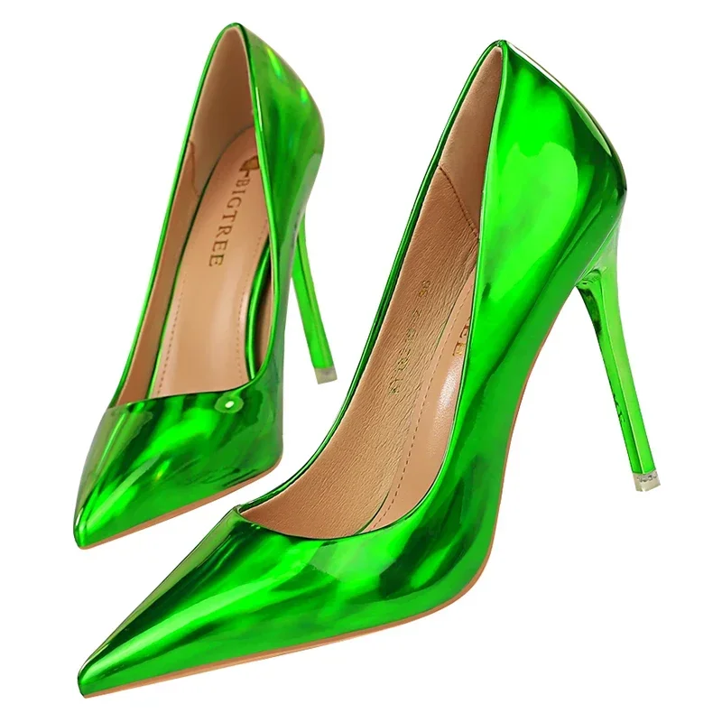 Plus Size Women Patent Leather 10.5cm High Heels Club Pumps Lady Luxury Shiny Stripper Stiletto Blue Green Wedding Dress Shoes