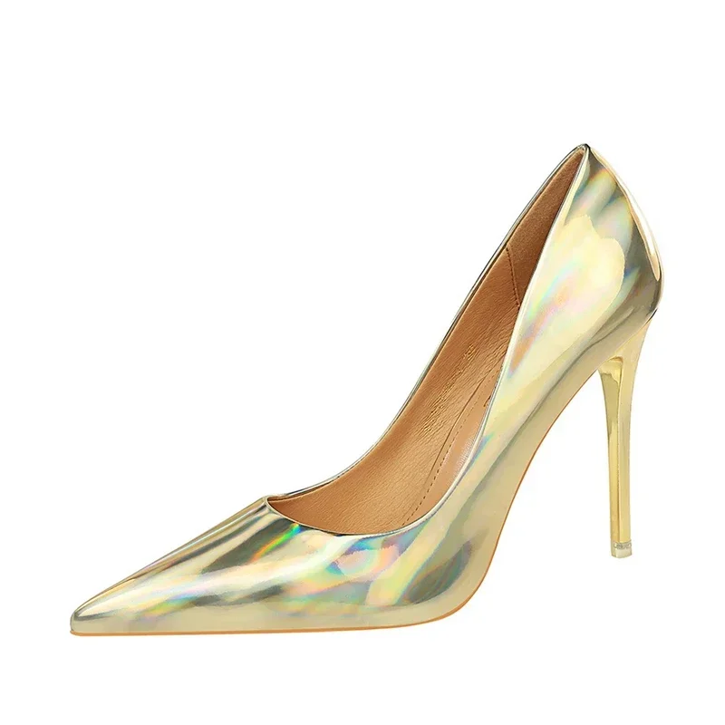 Plus Size Women Patent Leather 10.5cm High Heels Club Pumps Lady Luxury Shiny Stripper Stiletto Blue Green Wedding Dress Shoes