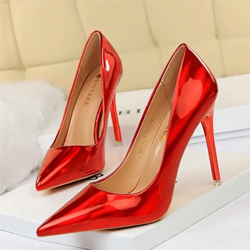 Plus Size Women Patent Leather 10.5cm High Heels Club Pumps Lady Luxury Shiny Stripper Stiletto Blue Green Wedding Dress Shoes