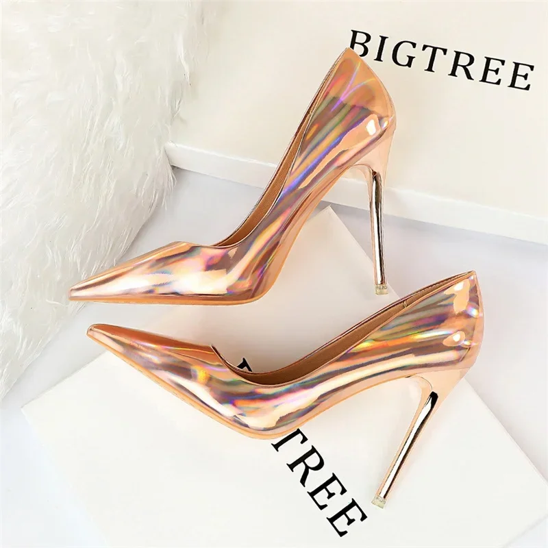 Plus Size Women Patent Leather 10.5cm High Heels Club Pumps Lady Luxury Shiny Stripper Stiletto Blue Green Wedding Dress Shoes